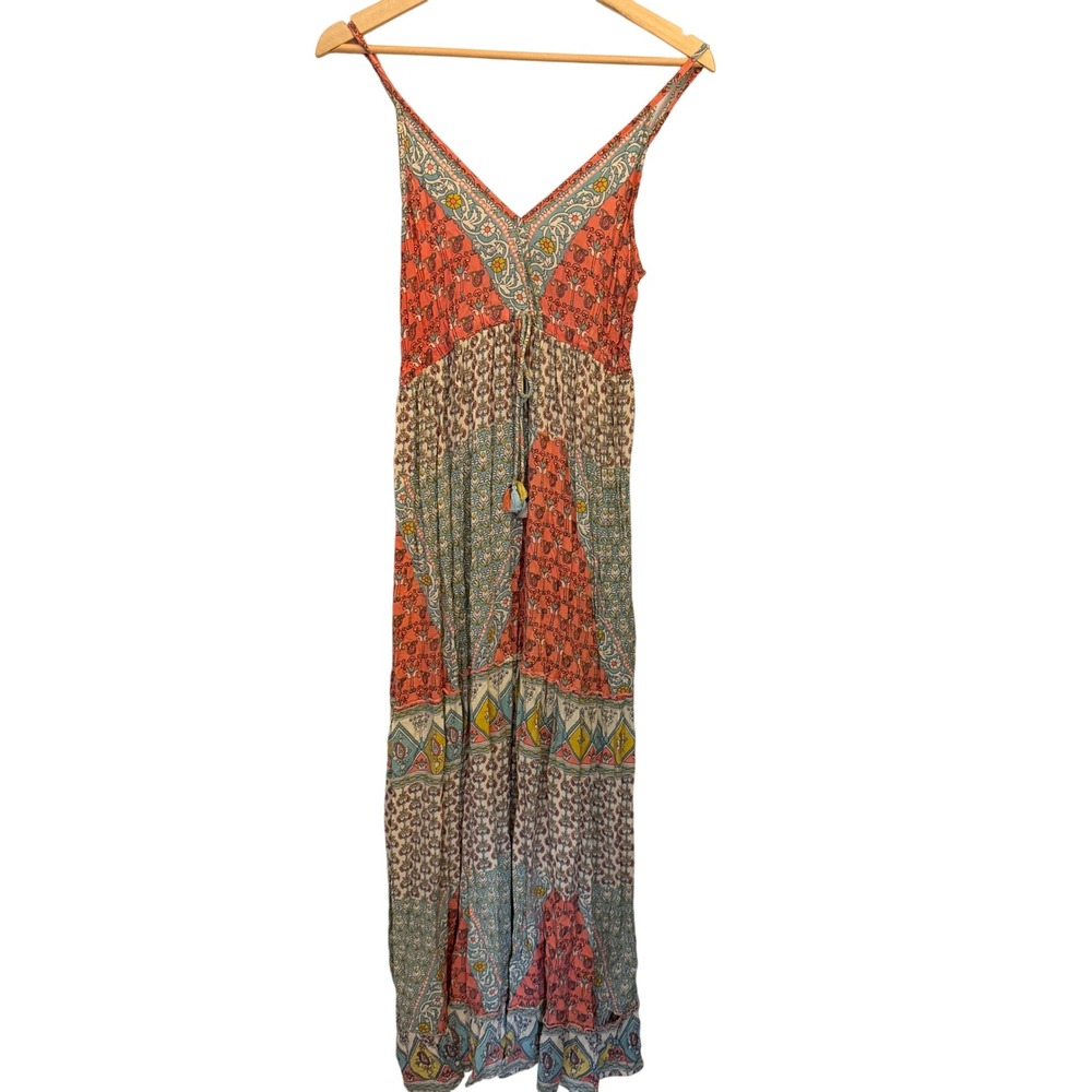Z & L Patchwork Boho Maxi Dress Womens Small Coral Teal Excellent V-Neck Tassel